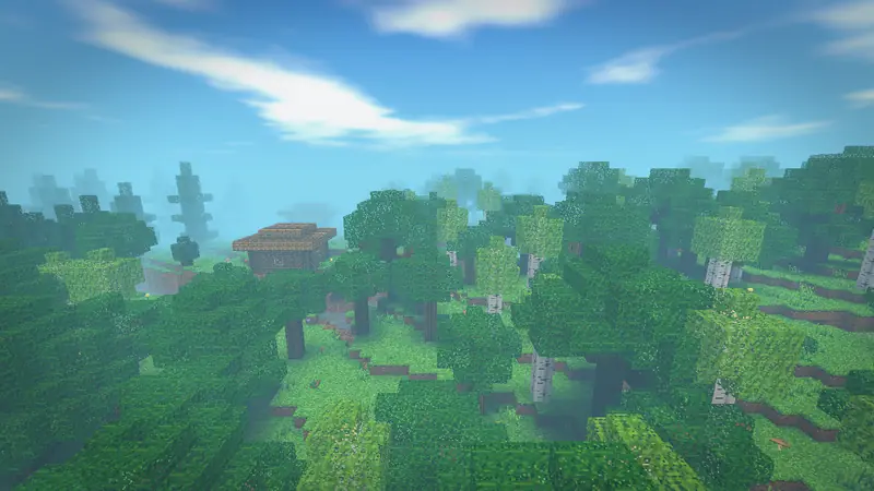 A forest in the middle lands from above: dense oak and birch, and a cabin among the trees.