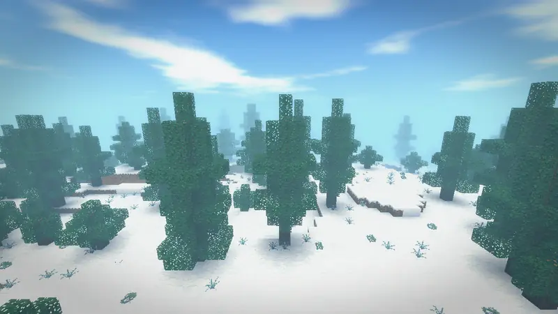 Snowy lands in the middle lands: snowy turf and tall pines under a blue sky.