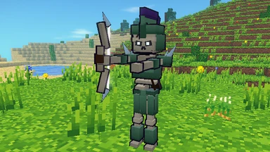 A Bonewalker in green-bronze armour and a crested helm on a meadow, its bow drawn and aimed at the viewer.