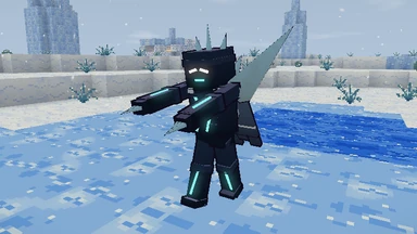 A Frostbitten on a frozen lake in the Frosted Lands, dark as deep water, seams of cold light down its body, a crest of ice shards on its back.