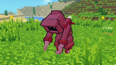 A Hollow in a crimson robe stooped on a meadow, lantern eyes in its dark hood, clawed hands reaching low.