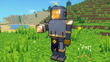 A Vael Robot of pale tungsten and brass on a meadow, its great brass-rimmed lens glowing ember, its lens-cannon arm raised.