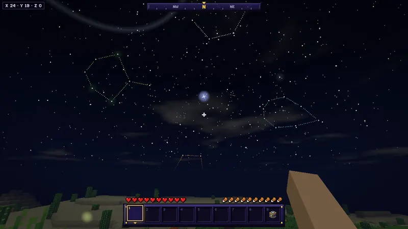 Night in Riventale, looking north: a star-filled sky with dotted constellations, a bright star and a pale arc over the edge of the desert, with the compass at the top and the hotbar at the bottom.
