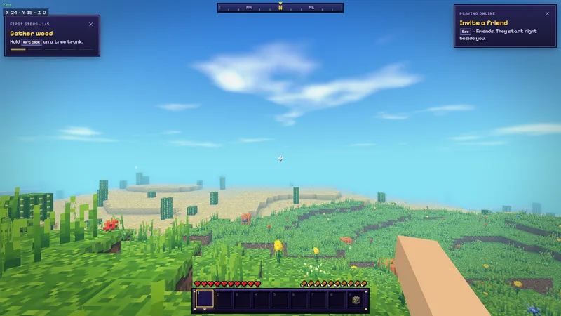 Riventale online: a sunny world beside a desert, with a Playing Online card at the top right titled Invite a friend: Esc, then Friends; they start right beside you.