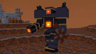 The Robot Titan in the Robotic World under a rust-brown sky: a war engine of black obitite trimmed in gold, one red lens, a glowing core, a cannon arm and a grinder wheel.
