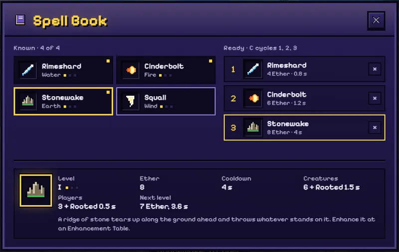 The Spell Book: the four known spells on the left, three ready slots on the right, and the chosen spell's level, Ether, cooldown and damage below.