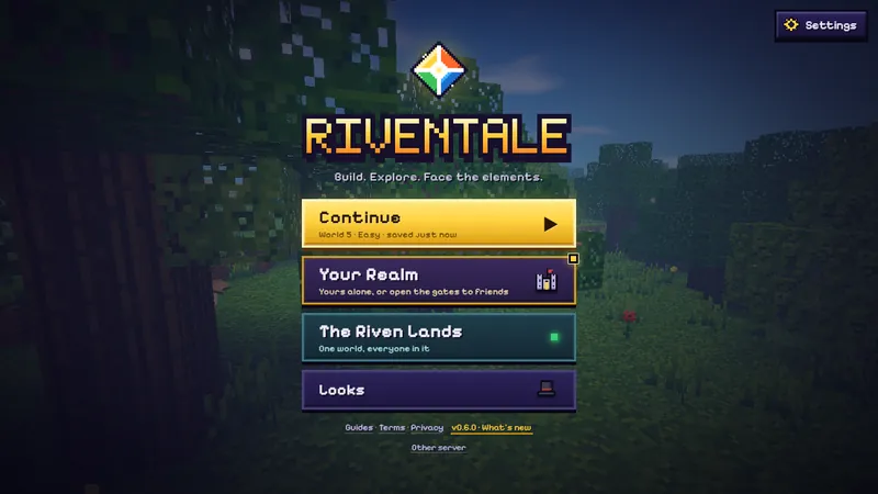 The Riventale title menu over a forest at dusk: Continue, Your Realm, The Riven Lands and Looks, with Settings at the top right.