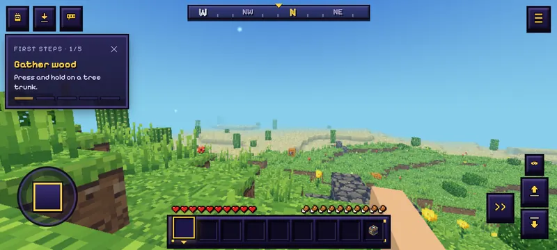 Riventale on a phone in landscape: the joystick at the bottom left, jump, sneak, run and camera buttons at the bottom right, small inventory, drop and chat buttons at the top left, the compass at the top and the menu button at the top right.