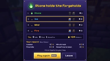 The results of a Hearthwar round: the winning team’s flame, the four teams with their players and kills, your Embers and your record.