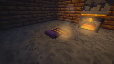 A night-purple bedroll stitched in gold, by a ring of embers, in the firelight of a hut.