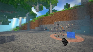 A Blastcharge bursting beside a block of water: a ring of fire on the stone, its shards flying.