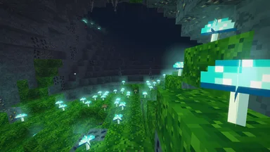 A moss grotto underground, lit teal by glowcaps, its dark vault hung with fangs of rock.