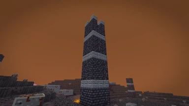 The Cinderwrack under the Vael Wastes’ rust-red sky: a burnt tower of slate brick over black crust, magma glowing at its foot.