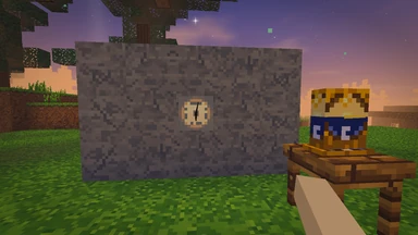 A Hearth Clock hung on a stone wall at dusk, a Vael Dial on the table beside it.