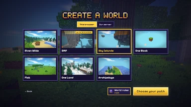 Create a world: seven cards with a picture each, Riven Wilds, SMP, Sky Islands, One Block, Flat, One Land and Archipelago, Sky Islands in gold.