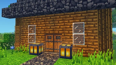 A plank cabin at noon under a slate roof: a pair of oak doors between two lanterns, glass windows either side, and a ladder up its corner post.