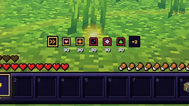 Effect icons in their sockets above the hearts and the hotbar, each with its seconds under it.