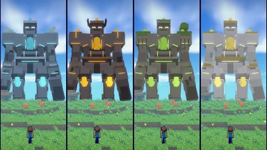 The four Shardborn side by side: Tidewrought in ice and cyan, Blazewrought in dark stone and fire, Quakewrought in moss and green, Galewrought in pale stone and gold.