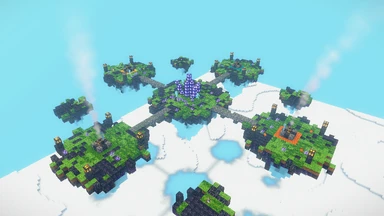 The Riven Isles from above: four broken isles of rivenrock round the shattered Crystal, bridges between them, the cloud sea far below.