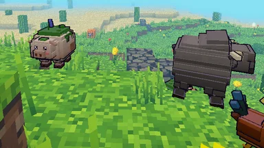 Pigs, a cow and chickens in a meadow by day, each one its own.