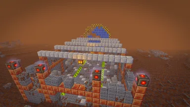 A Lens Foundry in the rust-red haze of the Robotic World: a ruined hall of brick and stone, its great blue lens cracked above it.