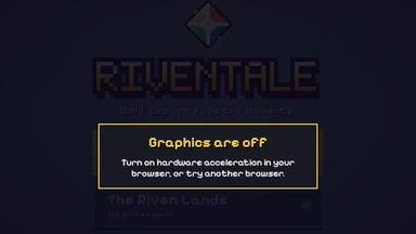 A card over the darkened title: Graphics are off. Turn on hardware acceleration in your browser, or try another browser.