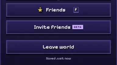 The pause menu: Friends, Invite friends, and Leave world with "Saved just now" under it.