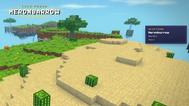 Isle found: Heronbarrow, its name in gold over a sky isle of sand and grass, the world panel counting the isles found.