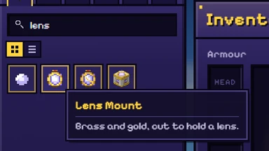 The creative list searched for lens, and over it the card of the Lens Mount: Brass and gold, cut to hold a lens.