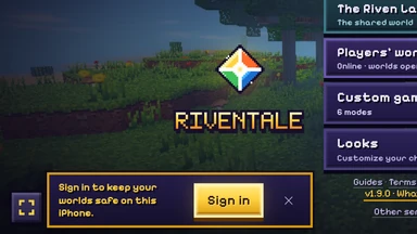 On an iPhone held sideways, a card on the title menu: Sign in to keep your worlds safe on this iPhone, and Sign in.