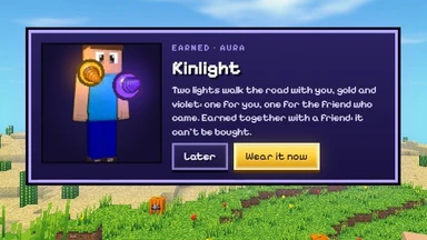 The Kinlight’s card: a character circled by two lights, gold and violet, with Later and Wear it now.