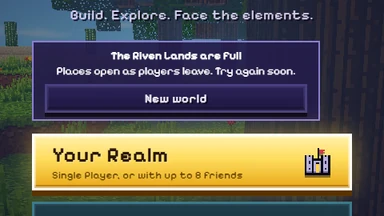 The title menu: The Riven Lands are full, places open as players leave, and one button, New world, above Your Realm.