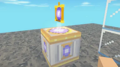 A Vael Lens Lectern: a chalkstone pedestal banded in gold, its violet lens floating above it in a gold ring.