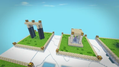 The Makers’ Grounds from above: isles of meadow ringed in skystone over the cloud sea, a tower-gate, a timber hall and a great tree built on them.