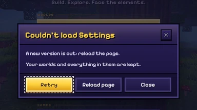 A window over the title menu: Couldn’t load Settings, A new version is out: reload the page, with Retry, Reload page and Close.