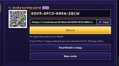 The invite to a private world: its code, its link and Share, with New code at the foot.