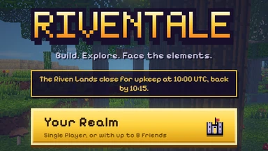 The title menu, and above Continue one line: the Riven Lands close for upkeep at 10:00 UTC, back by 10:15.