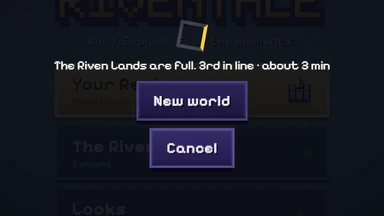 The loading screen: The Riven Lands are full, 3rd in line, about 3 minutes; New world and Cancel below.