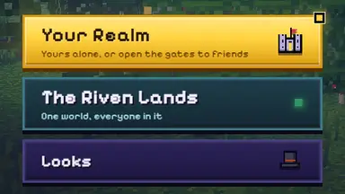 The title menu’s doors: Your Realm, The Riven Lands and Looks.
