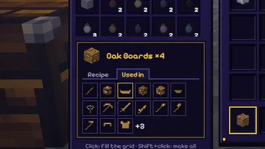 The recipe book’s card for Oak Boards, open at Used in.