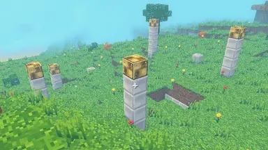 A Vael Reliquary on open grassland: pale pillars capped in brass round a stair down.