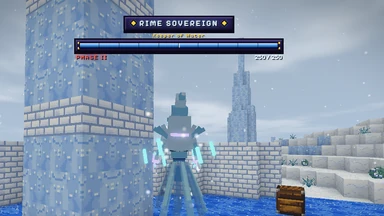 The Keeper of Water veiled in ice over a frozen floor, and above it the boss bar: Rime Sovereign, Keeper of Water.
