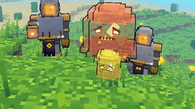 Vael Robots with ember lenses and Gloops at dusk, each Gloop its own size.