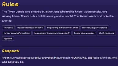 The Rules page: respect, no harassment or hate, no griefing in the Riven Lands, no cheating, no personal information.