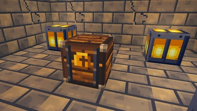 A Sealed Chest in a lantern-lit stone room: oak boards bound in two bands of dark iron, a gold seal pressed on its front.