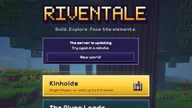 The title menu with a card: The server is updating, Try again in a minute, and a New world button.