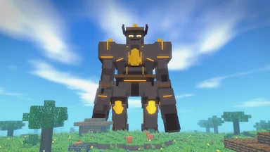 Blazewrought, a Titan of dark stone veined with fire, standing over the land.