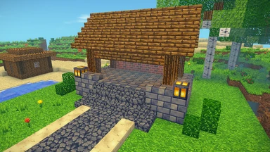 A brick and oak porch at noon under a roof of oak stairs, Fieldstone stairs climbing to it from a path of Fieldstone slabs edged in sandstone.