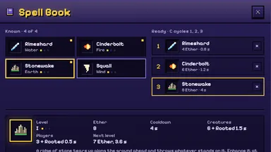 The Spell Book: four known spells on the left, three ready slots on the right, the chosen spell below.