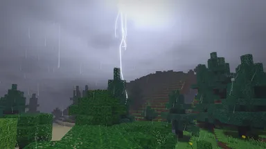 A thunderstorm at dusk: a bolt strikes the hills under a dark overcast, rain falling on wet pines.